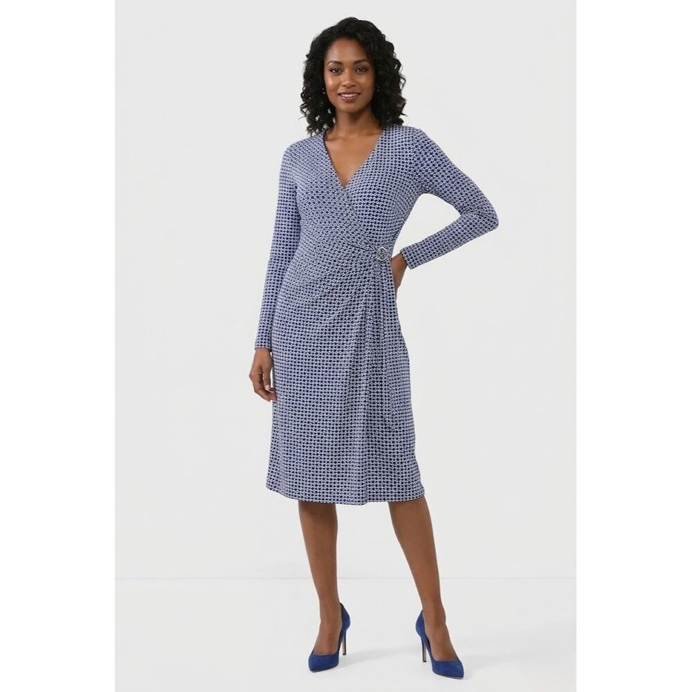 NWT Lauren Ralph Lauren Faux Wrap Sheath Blue Cream Long-Sleeve Jersey Dress 6